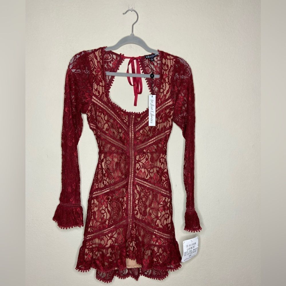NWT For Love and Lemons Emerie Mini Burgundy Red Dress Lace Long Sleeves Size S - Picture 6 of 10